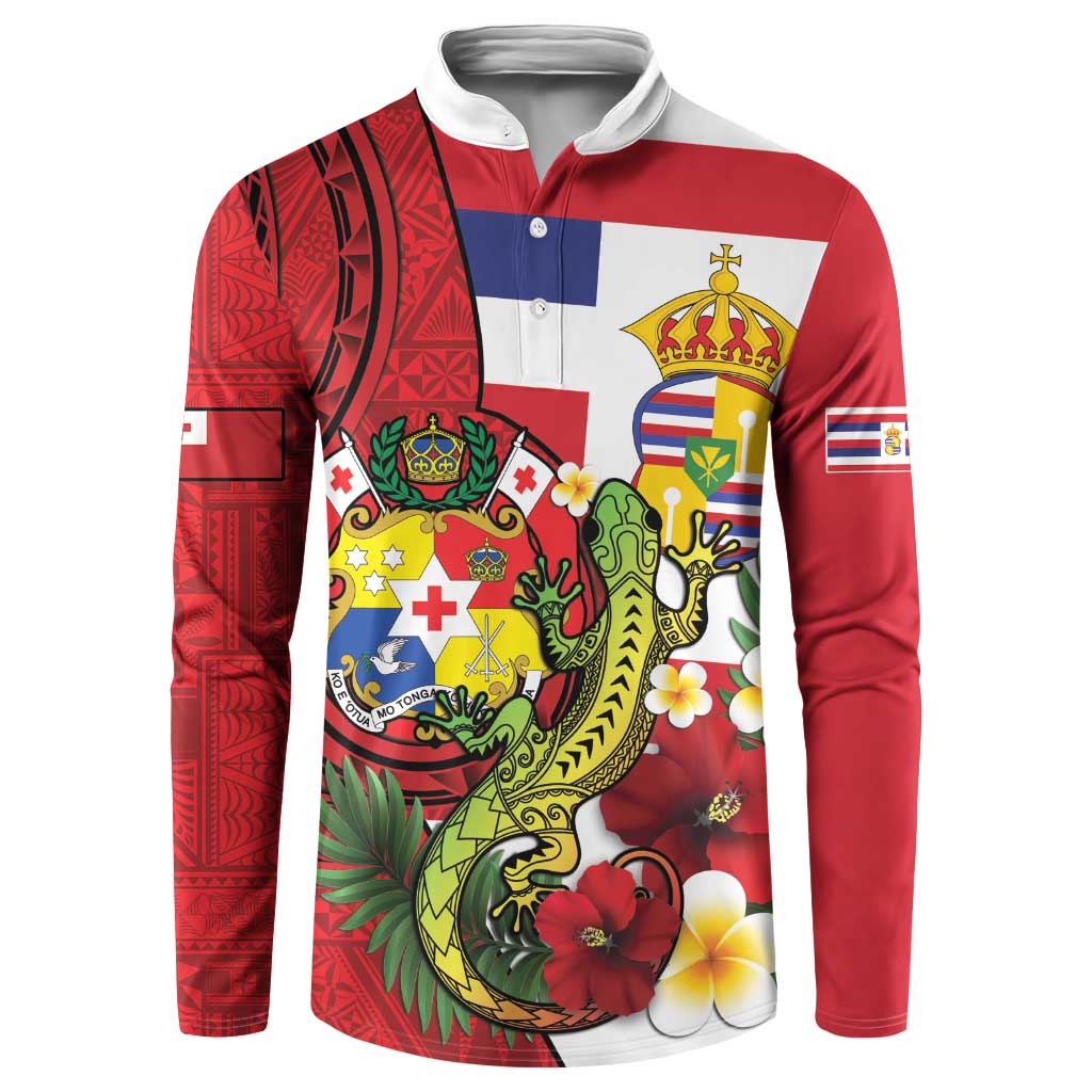 Hawaii And Tonga Button Sweatshirt King Kalakaua Tribal Gecko Tongan Ngatu LT14 Red - Polynesian Pride