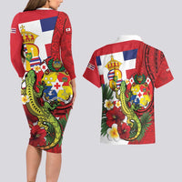 Hawaii And Tonga Couples Matching Long Sleeve Bodycon Dress and Hawaiian Shirt King Kalakaua Tribal Gecko Tongan Ngatu LT14 - Polynesian Pride