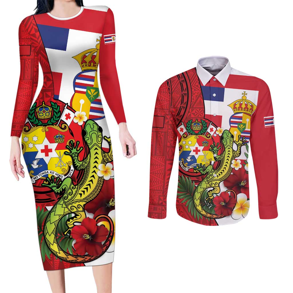 Hawaii And Tonga Couples Matching Long Sleeve Bodycon Dress and Long Sleeve Button Shirt King Kalakaua Tribal Gecko Tongan Ngatu LT14 Red - Polynesian Pride