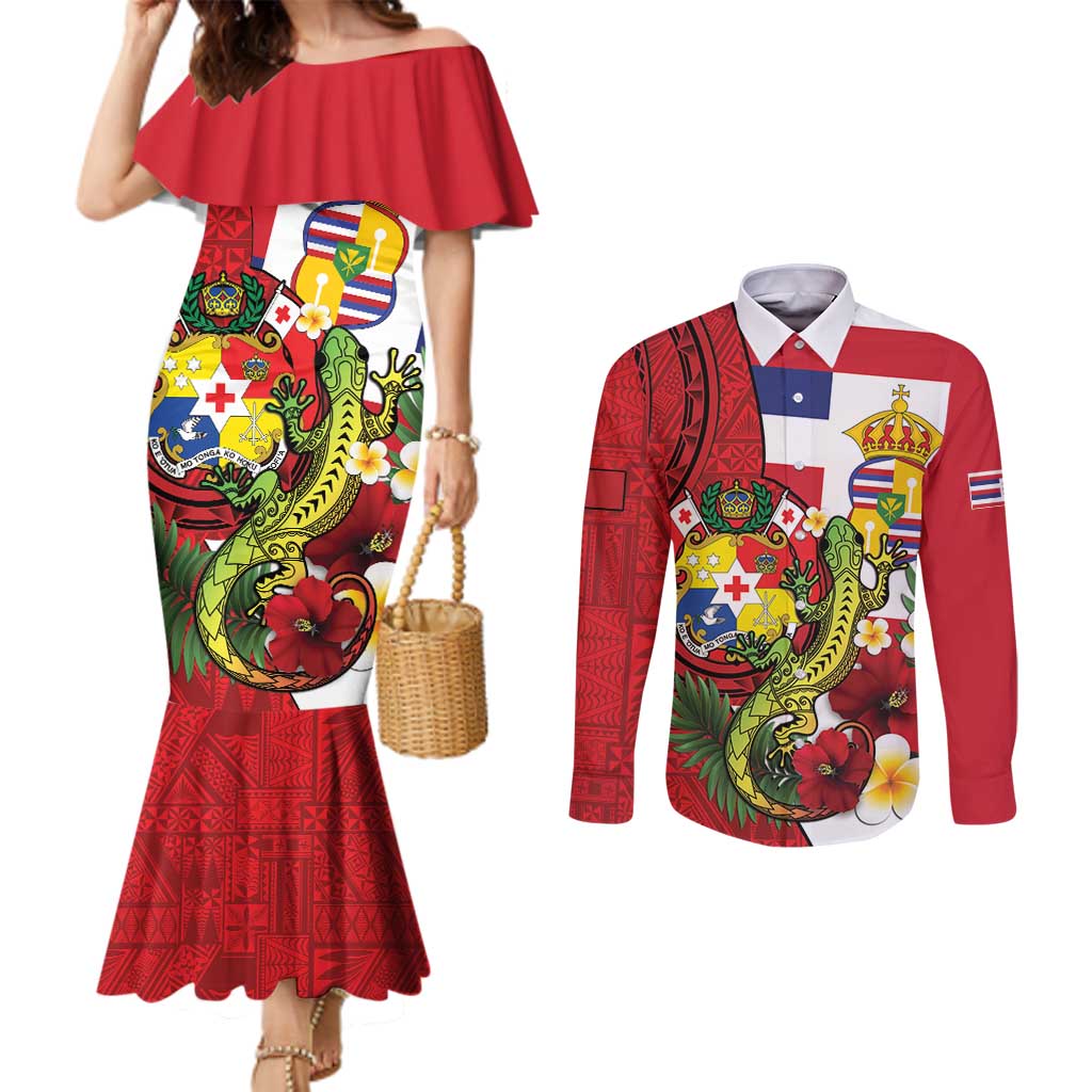 Hawaii And Tonga Couples Matching Mermaid Dress and Long Sleeve Button Shirt King Kalakaua Tribal Gecko Tongan Ngatu LT14 Red - Polynesian Pride