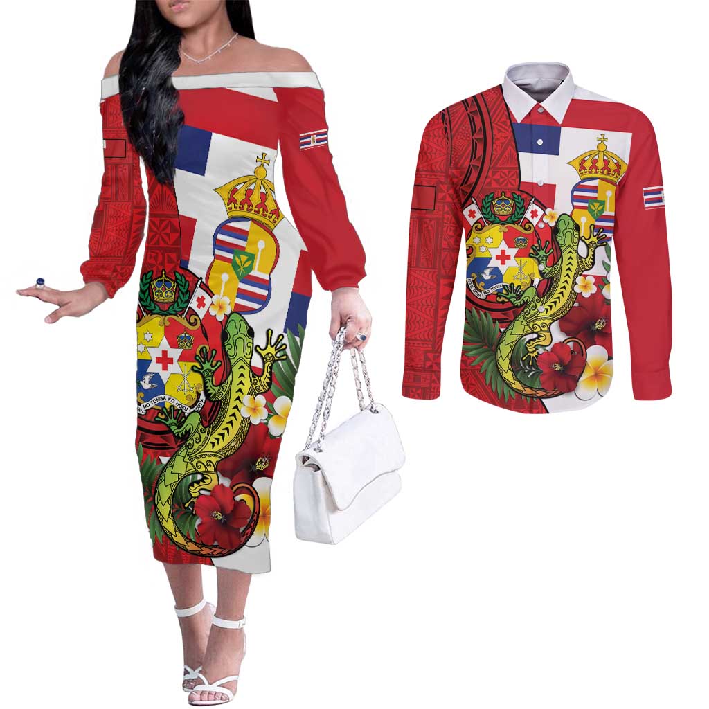 Hawaii And Tonga Couples Matching Off The Shoulder Long Sleeve Dress and Long Sleeve Button Shirt King Kalakaua Tribal Gecko Tongan Ngatu LT14 Red - Polynesian Pride