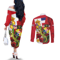 Hawaii And Tonga Couples Matching Off The Shoulder Long Sleeve Dress and Long Sleeve Button Shirt King Kalakaua Tribal Gecko Tongan Ngatu LT14 - Polynesian Pride