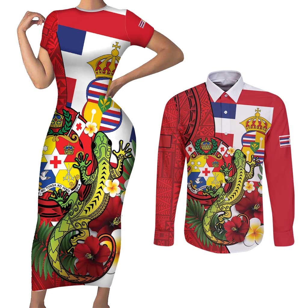 Hawaii And Tonga Couples Matching Short Sleeve Bodycon Dress and Long Sleeve Button Shirt King Kalakaua Tribal Gecko Tongan Ngatu LT14 Red - Polynesian Pride