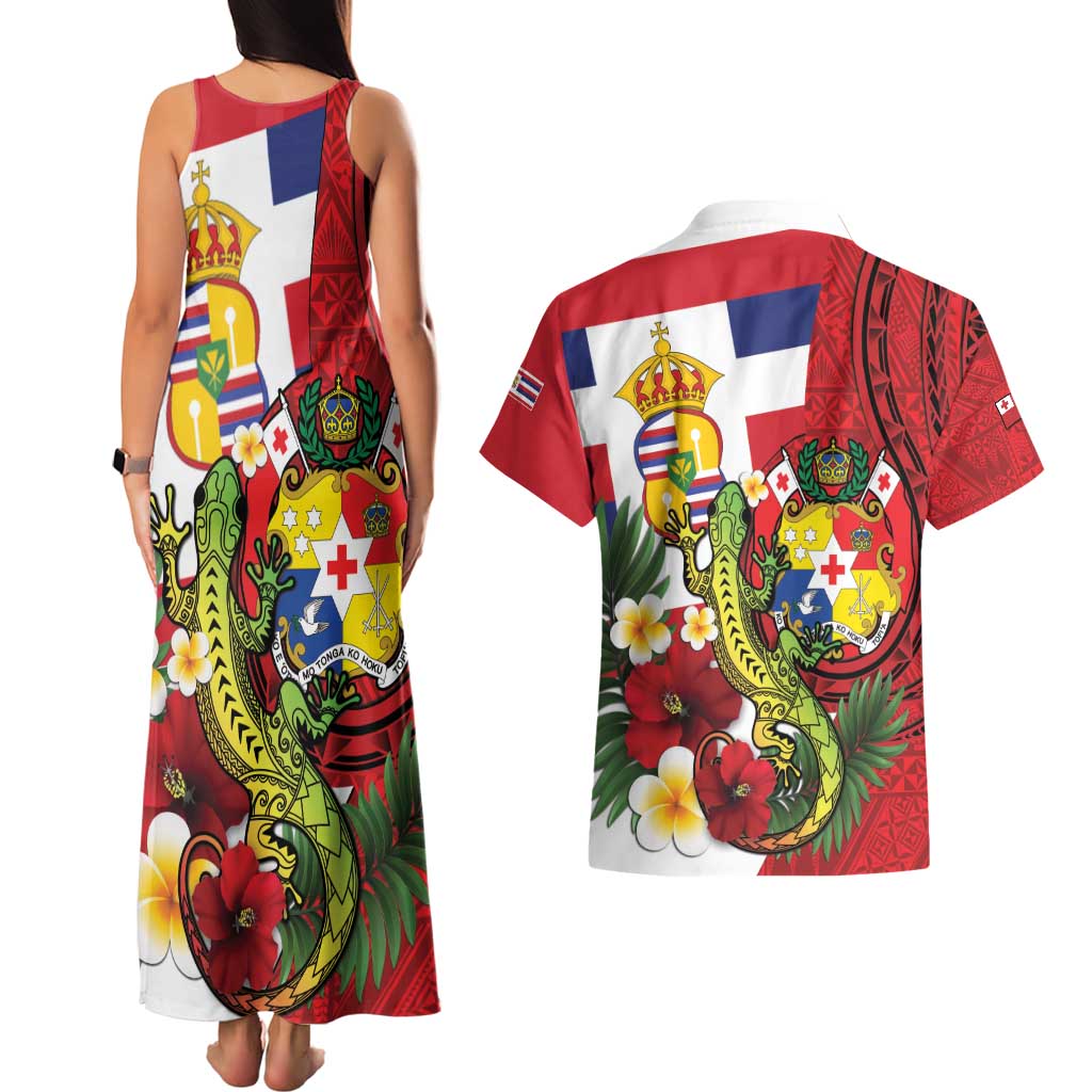 Hawaii And Tonga Couples Matching Tank Maxi Dress and Hawaiian Shirt King Kalakaua Tribal Gecko Tongan Ngatu LT14 - Polynesian Pride
