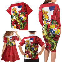 Hawaii And Tonga Family Matching Long Sleeve Bodycon Dress and Hawaiian Shirt King Kalakaua Tribal Gecko Tongan Ngatu