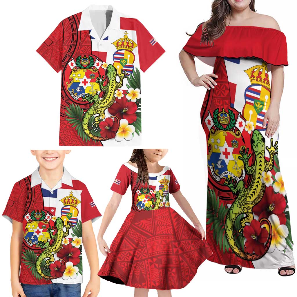 Hawaii And Tonga Family Matching Off Shoulder Maxi Dress and Hawaiian Shirt King Kalakaua Tribal Gecko Tongan Ngatu