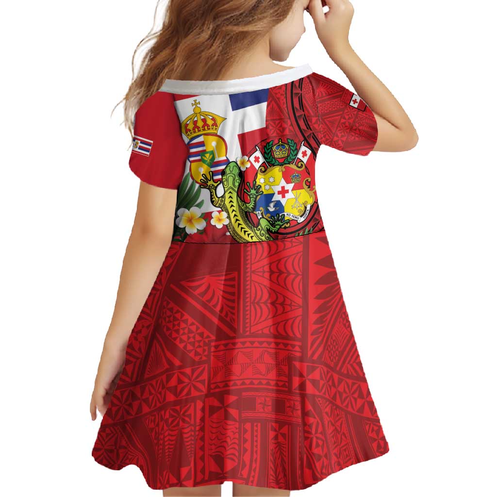 Hawaii And Tonga Family Matching Short Sleeve Bodycon Dress and Hawaiian Shirt King Kalakaua Tribal Gecko Tongan Ngatu