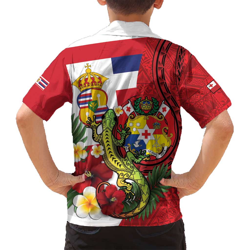 Hawaii And Tonga Family Matching Tank Maxi Dress and Hawaiian Shirt King Kalakaua Tribal Gecko Tongan Ngatu