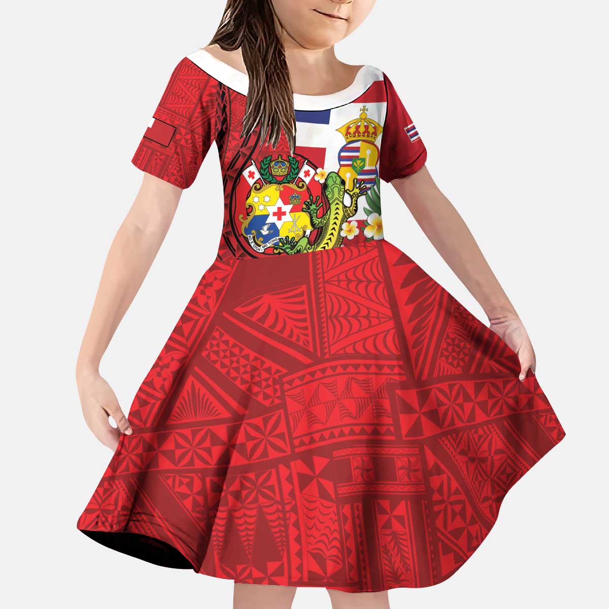 Hawaii And Tonga Kid Short Sleeve Dress King Kalakaua Tribal Gecko Tongan Ngatu LT14 KID Red - Polynesian Pride