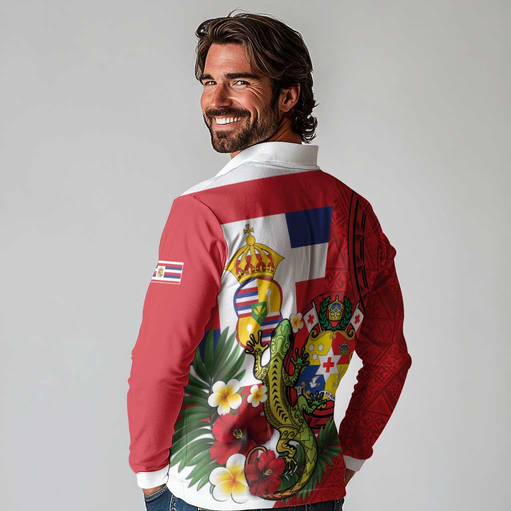 Hawaii And Tonga Long Sleeve Polo Shirt King Kalakaua Tribal Gecko Tongan Ngatu