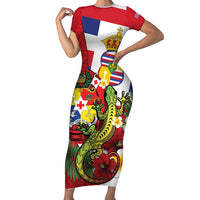 Hawaii And Tonga Short Sleeve Bodycon Dress King Kalakaua Tribal Gecko Tongan Ngatu