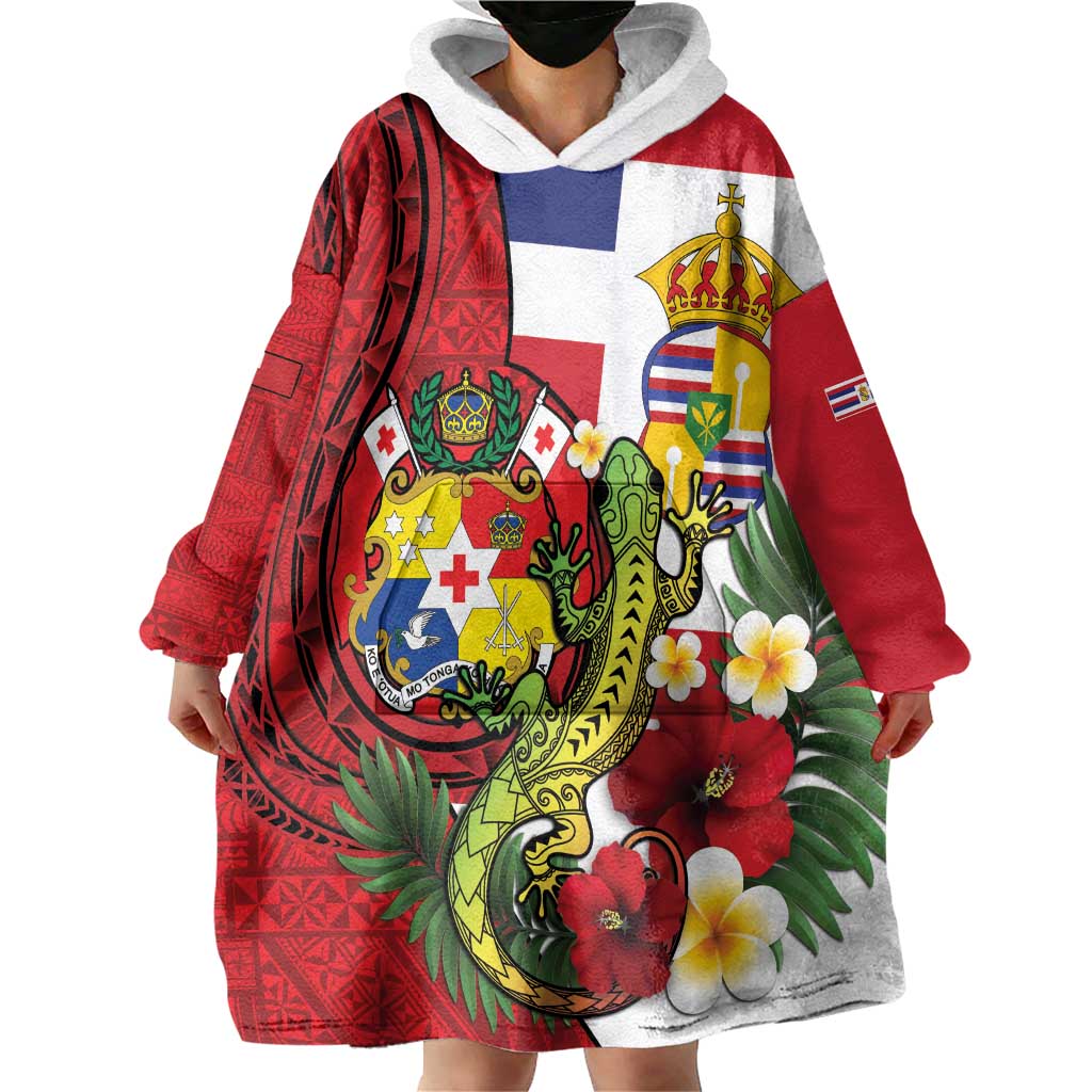 Hawaii And Tonga Wearable Blanket Hoodie King Kalakaua Tribal Gecko Tongan Ngatu