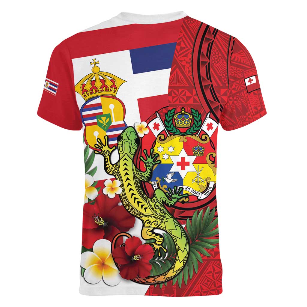 Hawaii And Tonga Women V-Neck T-Shirt King Kalakaua Tribal Gecko Tongan Ngatu
