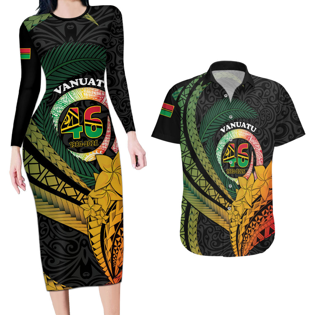Personalised Vanuatu Independence Day Couples Matching Long Sleeve Bodycon Dress and Hawaiian Shirt July 30 Pig Tusk Long God Yumi Stanap LT14 Black - Polynesian Pride