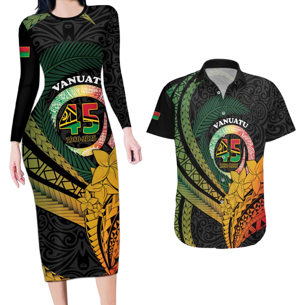 Personalised Vanuatu Independence Day Couples Matching Long Sleeve Bodycon Dress and Hawaiian Shirt July 30 Pig Tusk Long God Yumi Stanap LT14 Black - Polynesian Pride