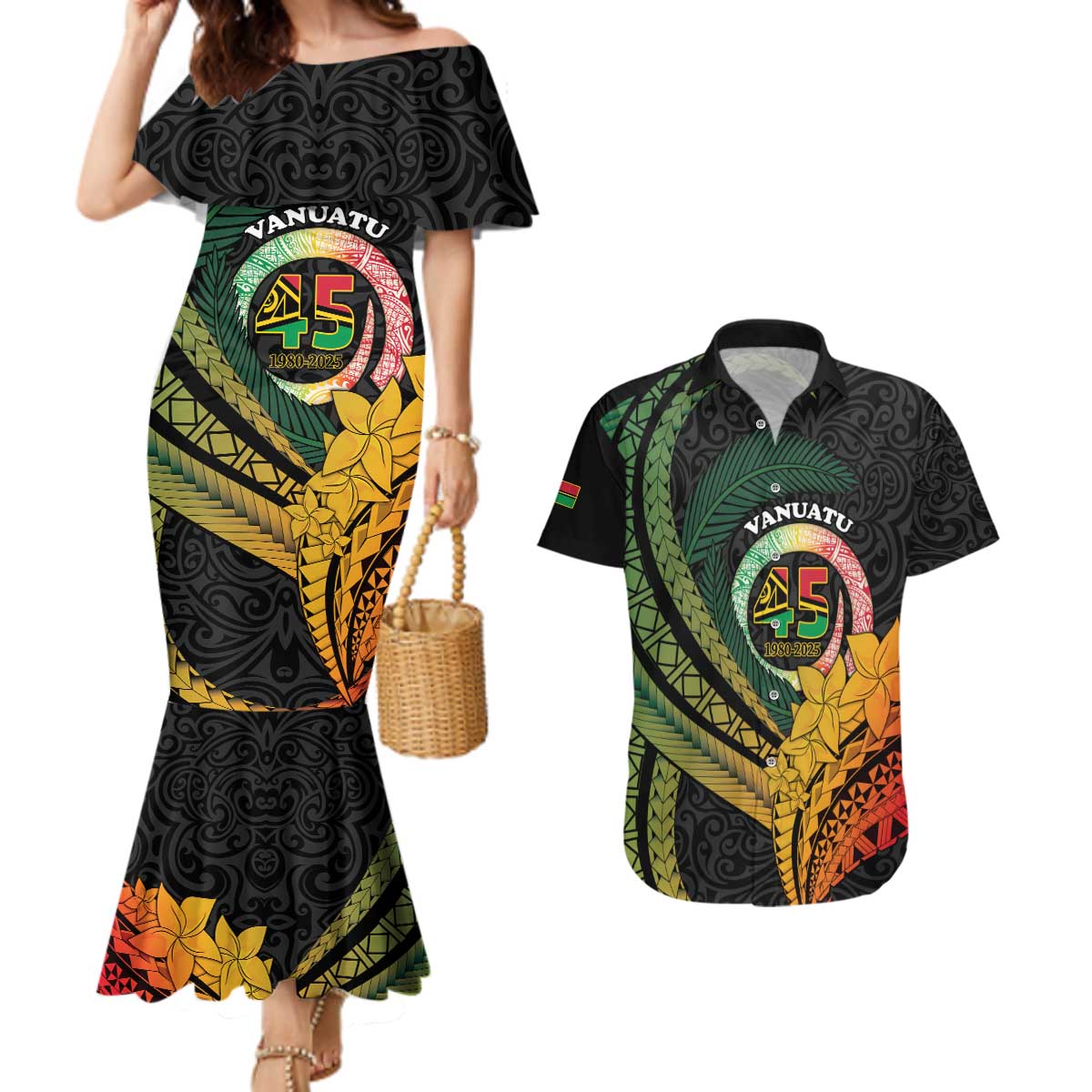 Personalised Vanuatu Independence Day Couples Matching Mermaid Dress and Hawaiian Shirt July 30 Pig Tusk Long God Yumi Stanap LT14 Black - Polynesian Pride