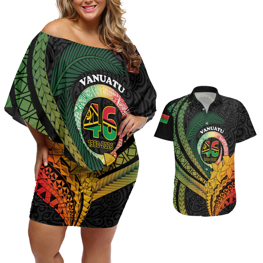 Personalised Vanuatu Independence Day Couples Matching Off Shoulder Short Dress and Hawaiian Shirt July 30 Pig Tusk Long God Yumi Stanap LT14 Black - Polynesian Pride