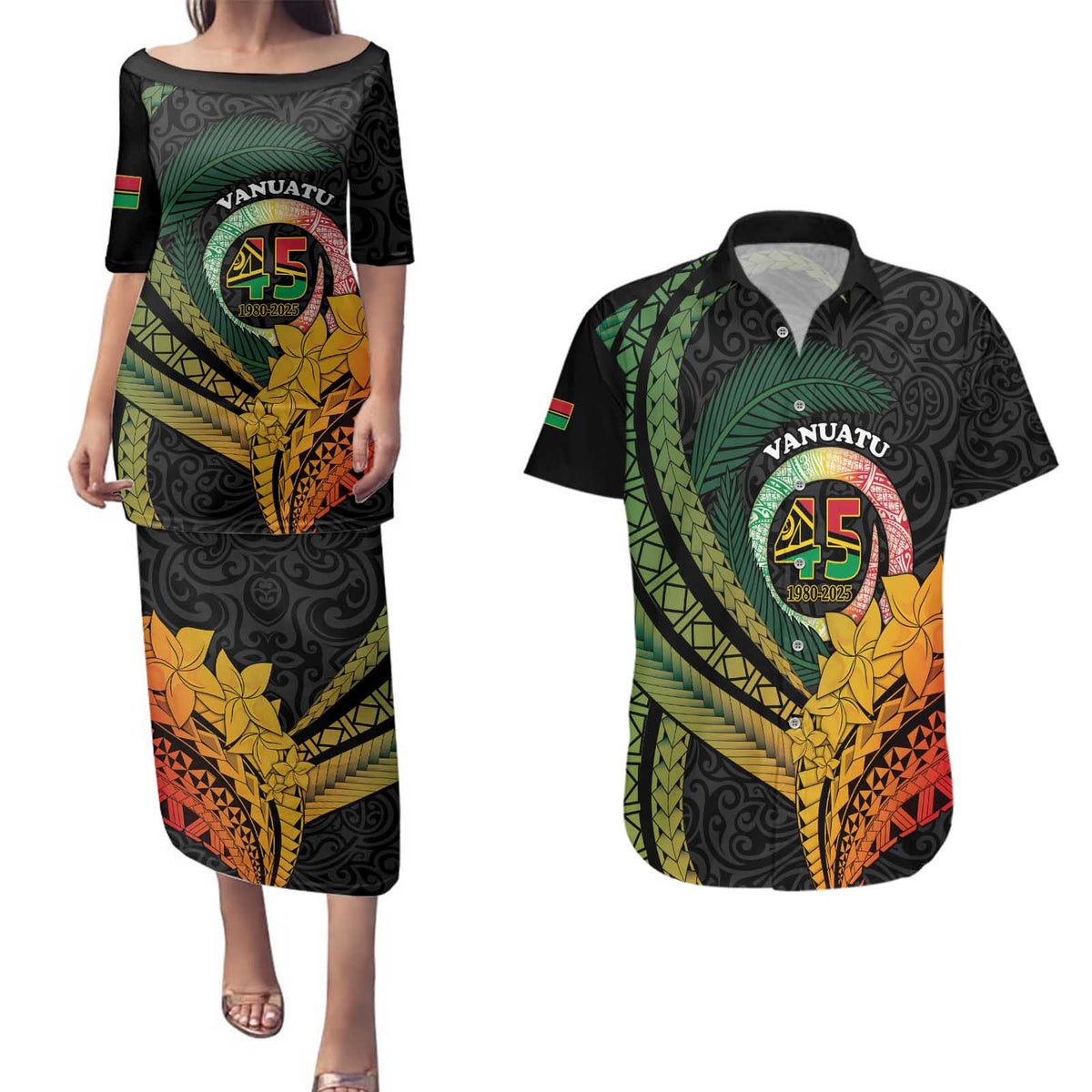 Personalised Vanuatu Independence Day Couples Matching Puletasi and Hawaiian Shirt July 30 Pig Tusk Long God Yumi Stanap