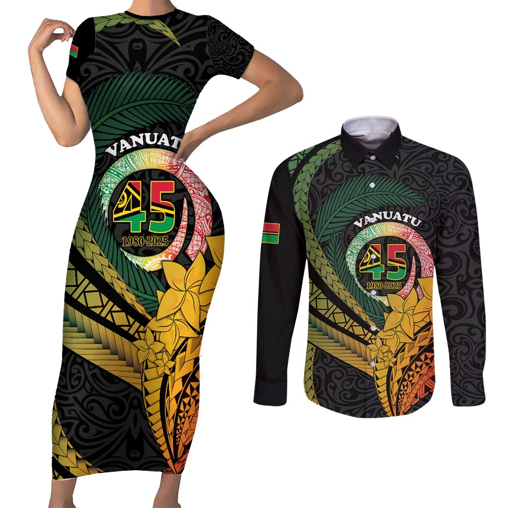 Personalised Vanuatu Independence Day Couples Matching Short Sleeve Bodycon Dress and Long Sleeve Button Shirt July 30 Pig Tusk Long God Yumi Stanap LT14 Black - Polynesian Pride