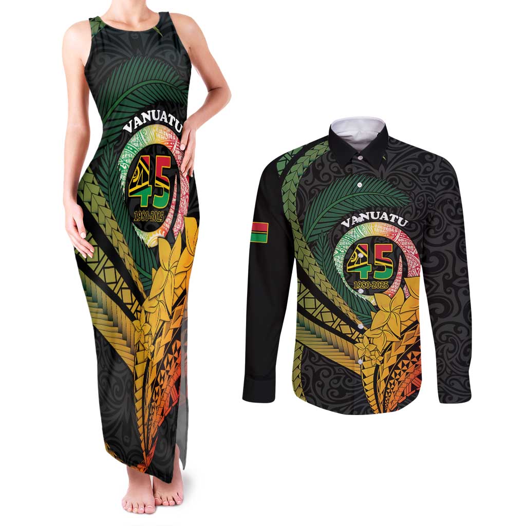 Personalised Vanuatu Independence Day Couples Matching Tank Maxi Dress and Long Sleeve Button Shirt July 30 Pig Tusk Long God Yumi Stanap LT14 Black - Polynesian Pride
