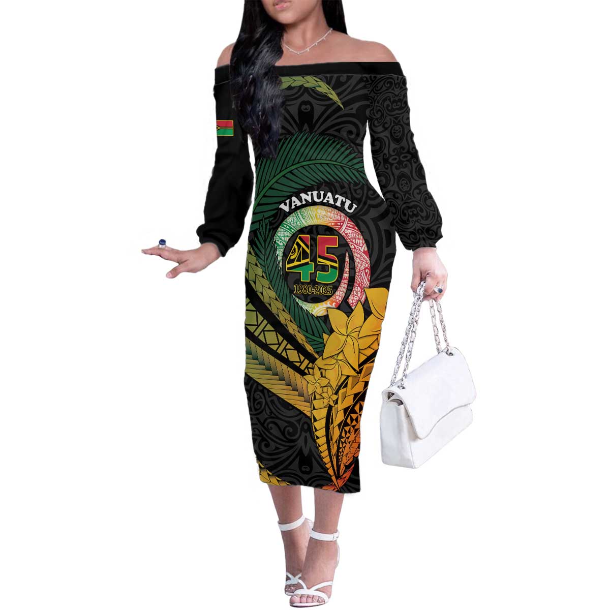 Personalised Vanuatu Independence Day Family Matching Off The Shoulder Long Sleeve Dress and Hawaiian Shirt July 30 Pig Tusk Long God Yumi Stanap