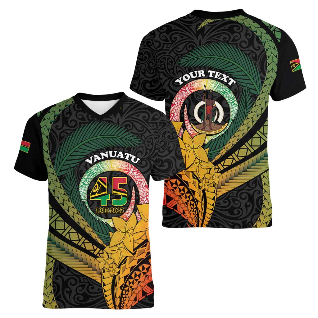 Personalised Vanuatu Independence Day Women V-Neck T-Shirt July 30 Pig Tusk Long God Yumi Stanap