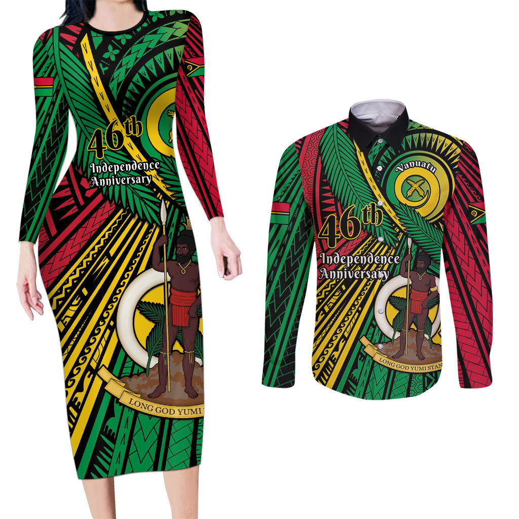 Halo Vanuatu Couples Matching Long Sleeve Bodycon Dress and Long Sleeve Button Shirt Happy 46th Independence Anniversary LT14 Black - Polynesian Pride