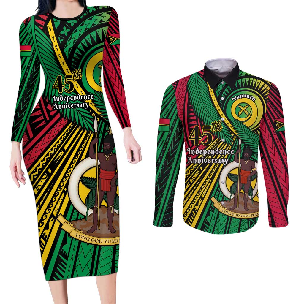Halo Vanuatu Couples Matching Long Sleeve Bodycon Dress and Long Sleeve Button Shirt Happy 45th Independence Anniversary LT14 Black - Polynesian Pride