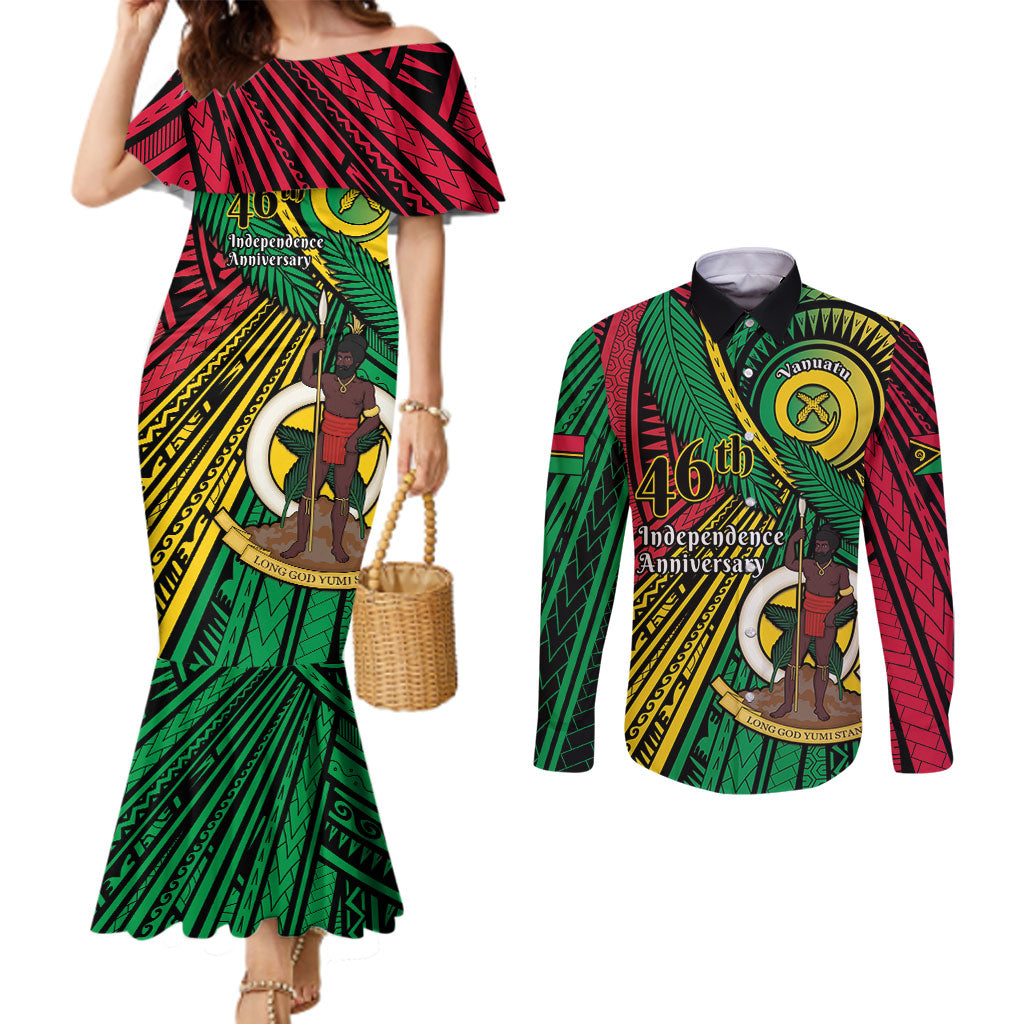 Halo Vanuatu Couples Matching Mermaid Dress and Long Sleeve Button Shirt Happy 46th Independence Anniversary LT14 Black - Polynesian Pride