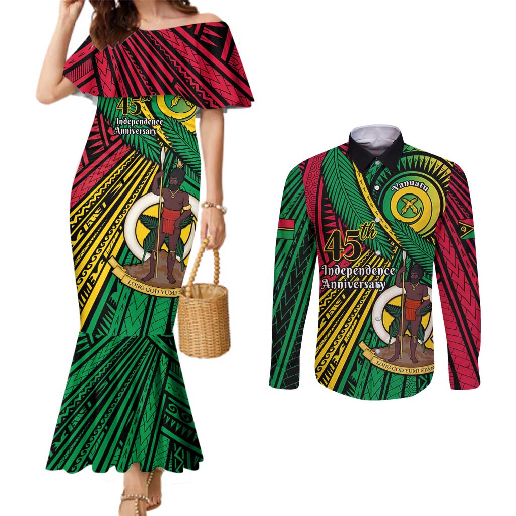 Halo Vanuatu Couples Matching Mermaid Dress and Long Sleeve Button Shirt Happy 45th Independence Anniversary LT14 Black - Polynesian Pride