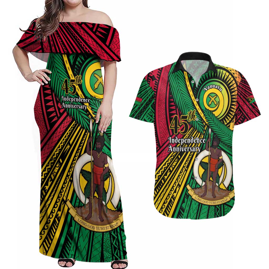 Halo Vanuatu Couples Matching Off Shoulder Maxi Dress and Hawaiian Shirt Happy 45th Independence Anniversary LT14 Black - Polynesian Pride