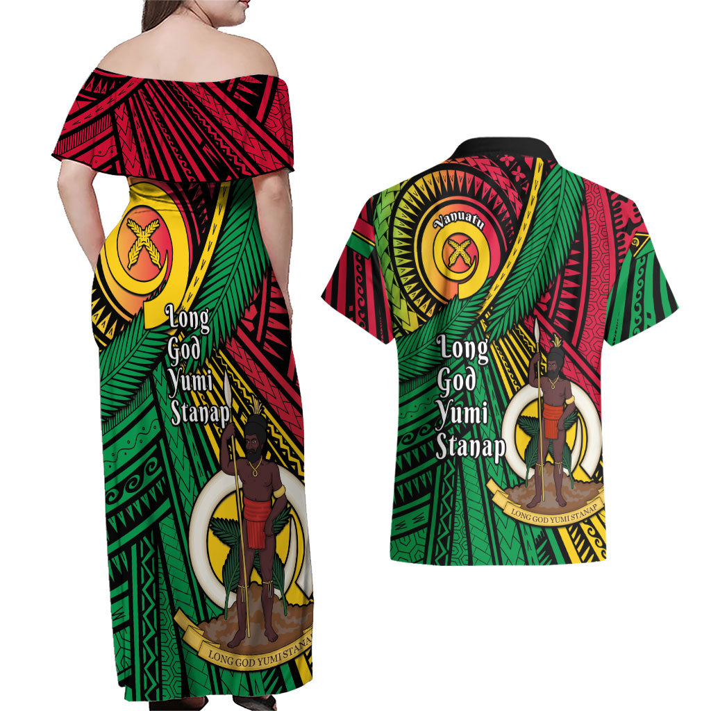 Halo Vanuatu Couples Matching Off Shoulder Maxi Dress and Hawaiian Shirt Happy 46th Independence Anniversary LT14 - Polynesian Pride