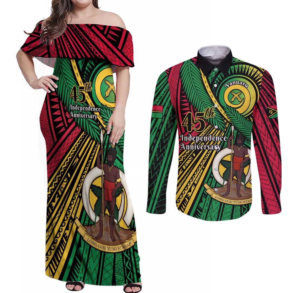 Halo Vanuatu Couples Matching Off Shoulder Maxi Dress and Long Sleeve Button Shirt Happy 45th Independence Anniversary LT14 Black - Polynesian Pride