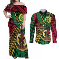 Halo Vanuatu Couples Matching Off Shoulder Maxi Dress and Long Sleeve Button Shirt Happy 45th Independence Anniversary LT14 Black - Polynesian Pride