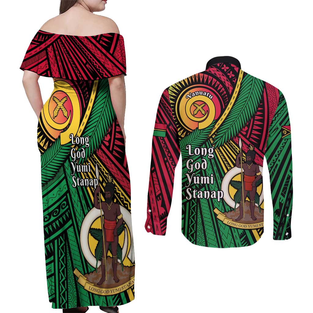 Halo Vanuatu Couples Matching Off Shoulder Maxi Dress and Long Sleeve Button Shirt Happy 45th Independence Anniversary LT14 - Polynesian Pride