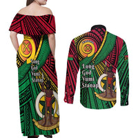 Halo Vanuatu Couples Matching Off Shoulder Maxi Dress and Long Sleeve Button Shirt Happy 45th Independence Anniversary LT14 - Polynesian Pride