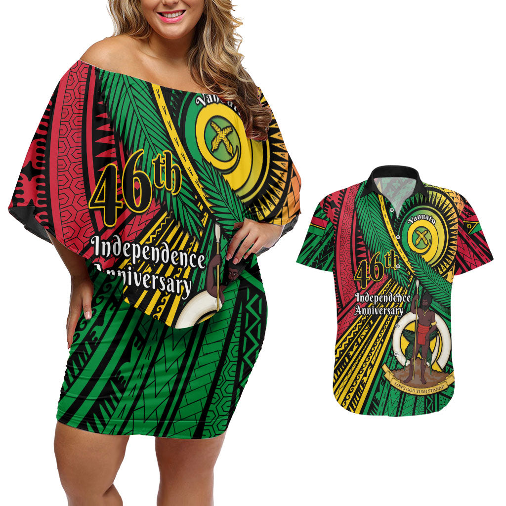 Halo Vanuatu Couples Matching Off Shoulder Short Dress and Hawaiian Shirt Happy 46th Independence Anniversary LT14 Black - Polynesian Pride