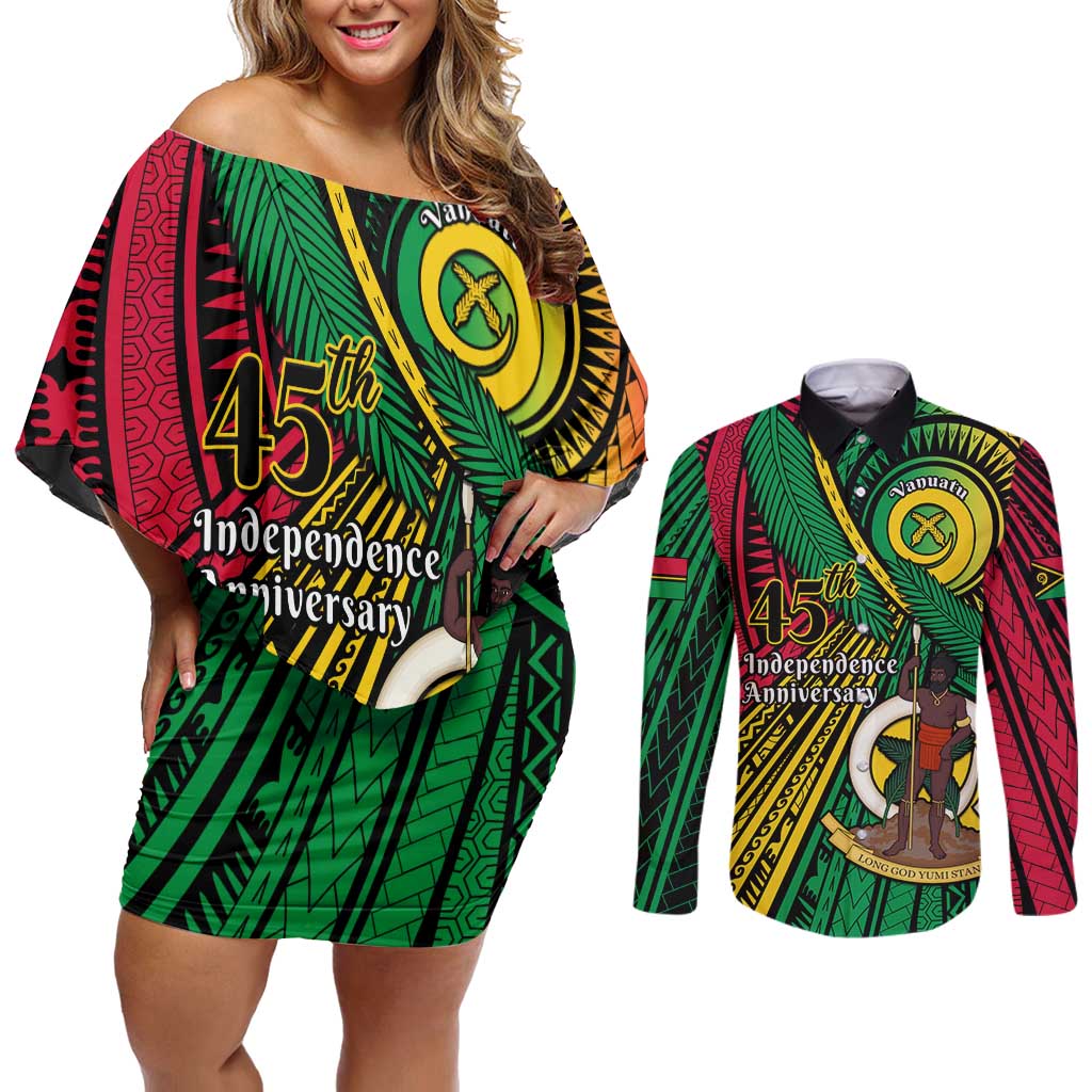 Halo Vanuatu Couples Matching Off Shoulder Short Dress and Long Sleeve Button Shirt Happy 45th Independence Anniversary LT14 Black - Polynesian Pride
