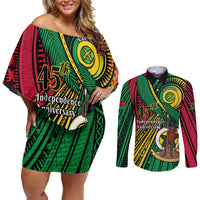 Halo Vanuatu Couples Matching Off Shoulder Short Dress and Long Sleeve Button Shirt Happy 45th Independence Anniversary LT14 Black - Polynesian Pride