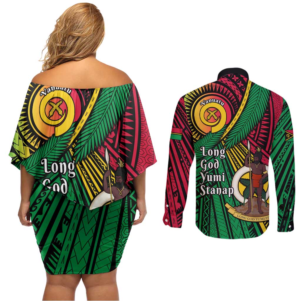 Halo Vanuatu Couples Matching Off Shoulder Short Dress and Long Sleeve Button Shirt Happy 45th Independence Anniversary LT14 - Polynesian Pride