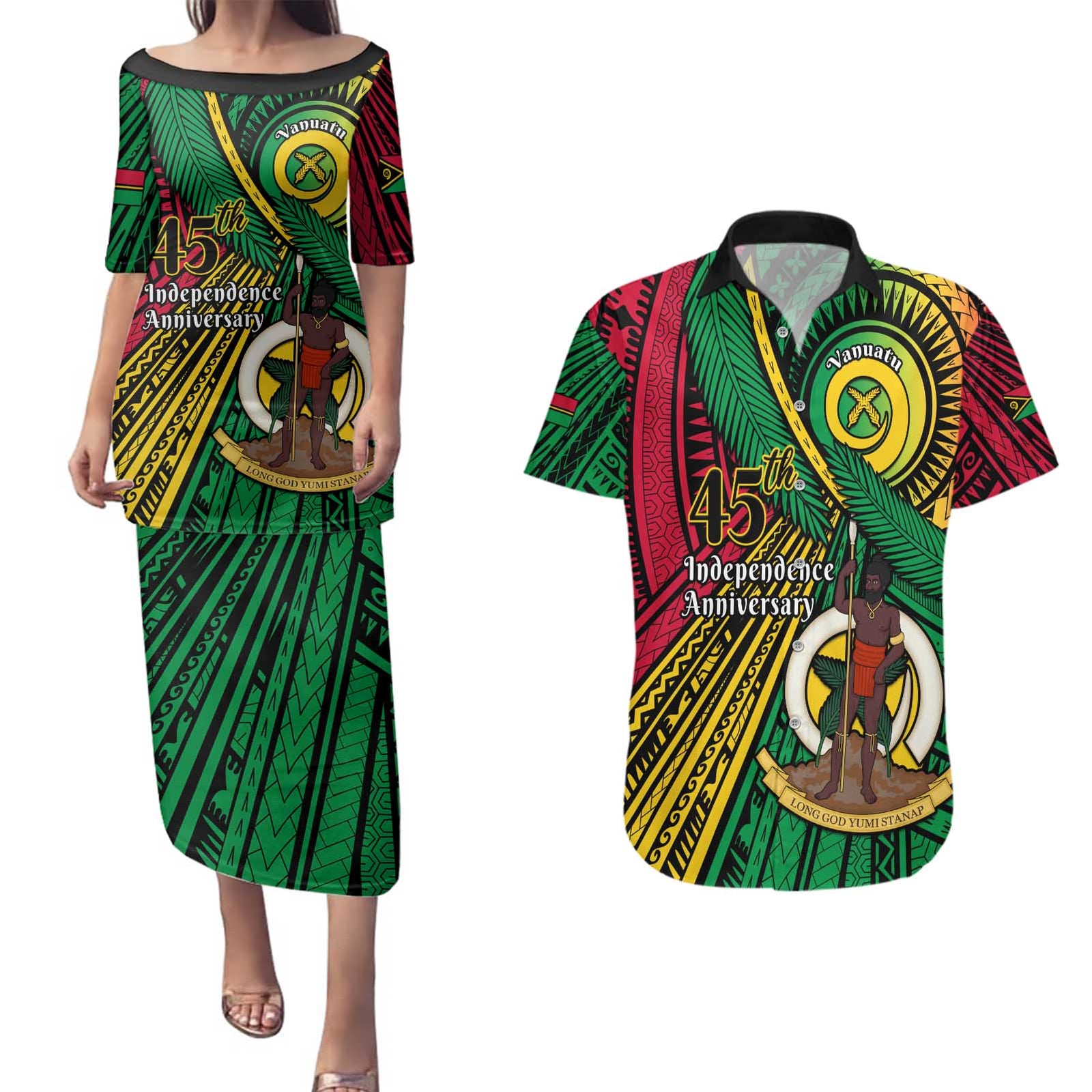 Halo Vanuatu Couples Matching Puletasi and Hawaiian Shirt Happy 45th Independence Anniversary LT14 Black - Polynesian Pride