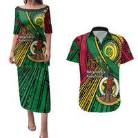 Halo Vanuatu Couples Matching Puletasi and Hawaiian Shirt Happy 45th Independence Anniversary LT14 Black - Polynesian Pride