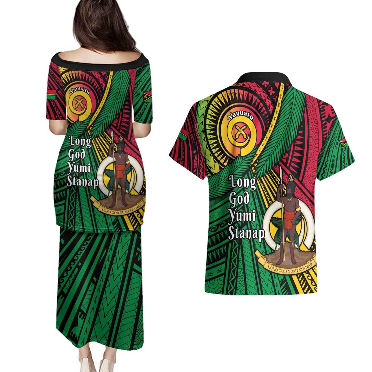 Halo Vanuatu Couples Matching Puletasi and Hawaiian Shirt Happy 45th Independence Anniversary LT14 - Polynesian Pride