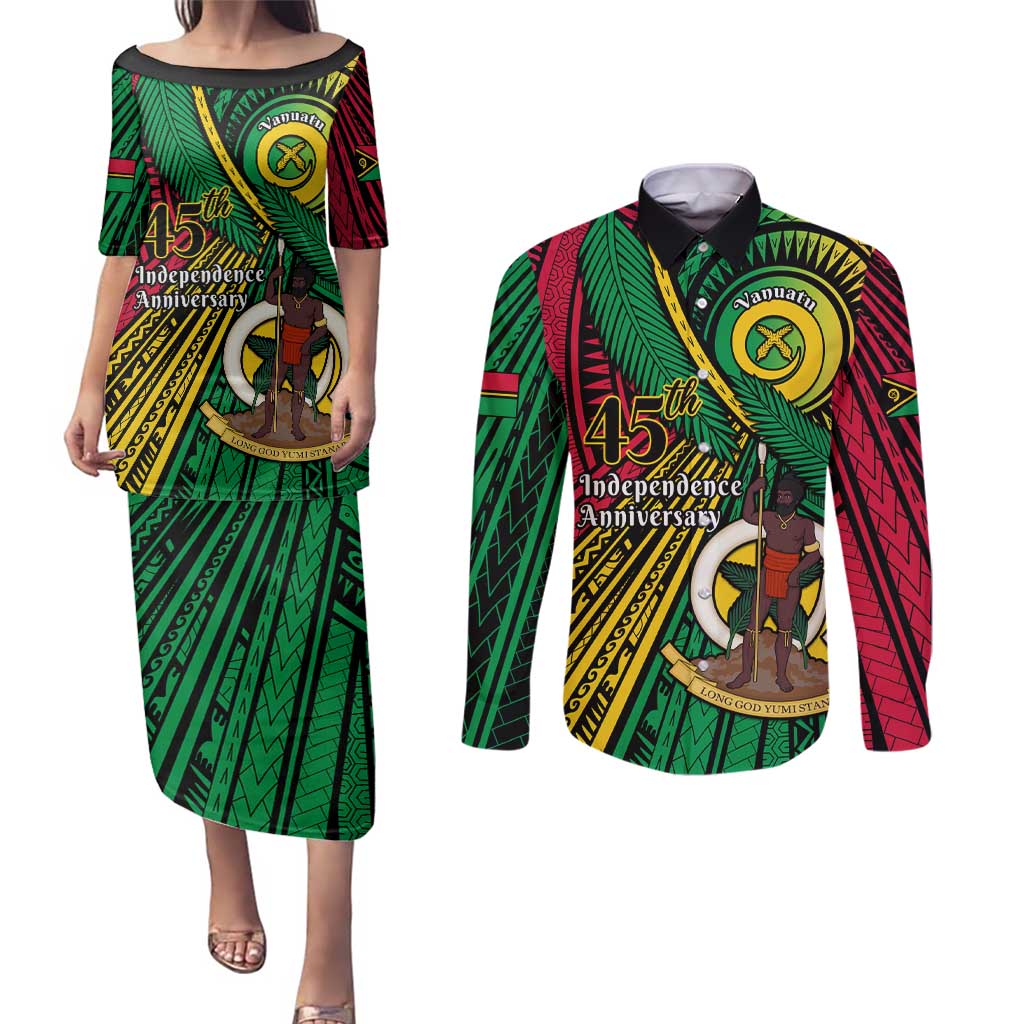 Halo Vanuatu Couples Matching Puletasi and Long Sleeve Button Shirt Happy 45th Independence Anniversary LT14 Black - Polynesian Pride