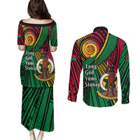 Halo Vanuatu Couples Matching Puletasi and Long Sleeve Button Shirt Happy 45th Independence Anniversary LT14 - Polynesian Pride