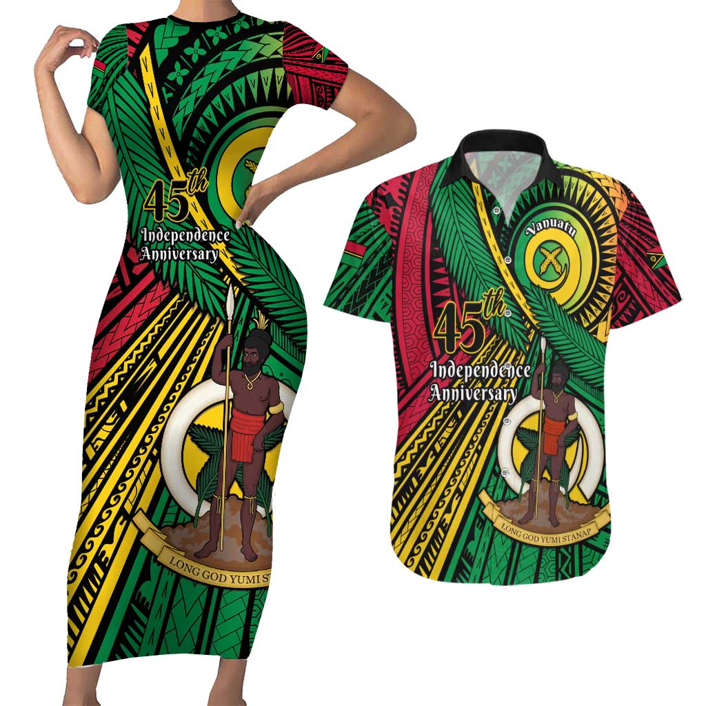 Halo Vanuatu Couples Matching Short Sleeve Bodycon Dress and Hawaiian Shirt Happy 45th Independence Anniversary LT14 Black - Polynesian Pride