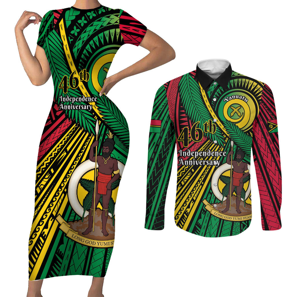 Halo Vanuatu Couples Matching Short Sleeve Bodycon Dress and Long Sleeve Button Shirt Happy 46th Independence Anniversary LT14 Black - Polynesian Pride
