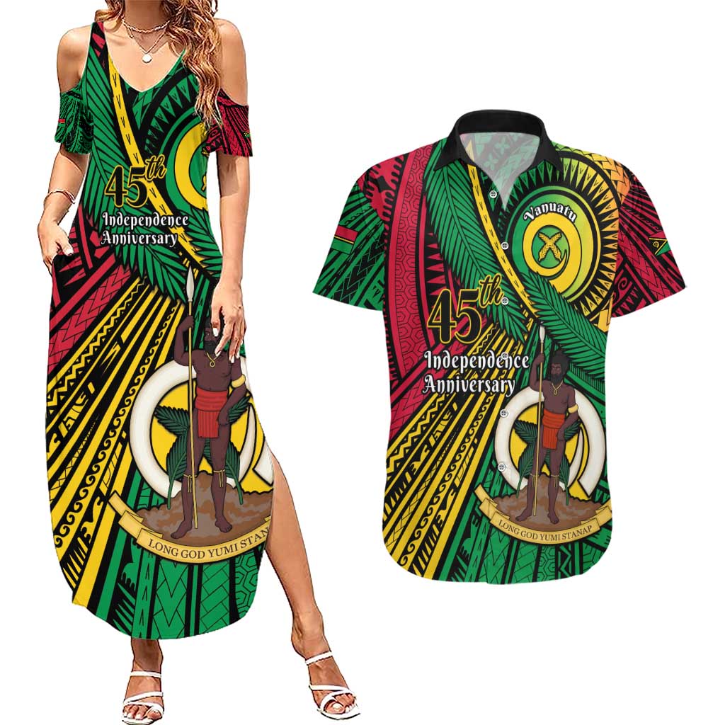Halo Vanuatu Couples Matching Summer Maxi Dress and Hawaiian Shirt Happy 45th Independence Anniversary LT14 Black - Polynesian Pride
