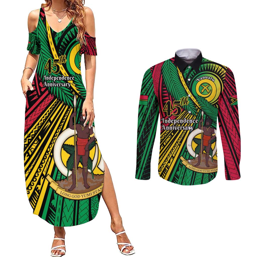 Halo Vanuatu Couples Matching Summer Maxi Dress and Long Sleeve Button Shirt Happy 45th Independence Anniversary LT14 Black - Polynesian Pride