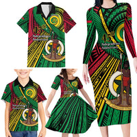 Halo Vanuatu Family Matching Long Sleeve Bodycon Dress and Hawaiian Shirt Happy 45th Independence Anniversary